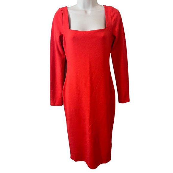 H&M Tangerine Orange Square Neck 1/4 Sleeve Fitted Bodycon Tight Dress Small - Picture 1 of 7